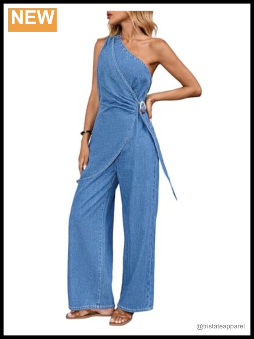 One Shoulder Denim Jumpsuit Sleeveless Wrap Straight Leg Y2K
